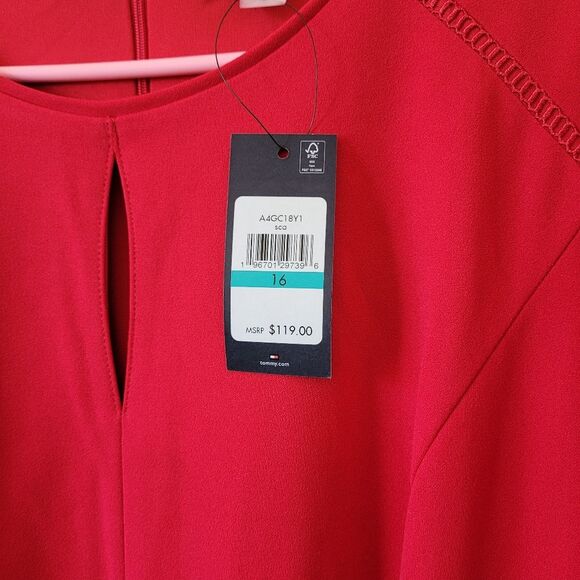NEW Tommy Hilfiger Dress Red Keyhole Collar Midi Date Night Romantic Size 16 - Picture 8 of 9